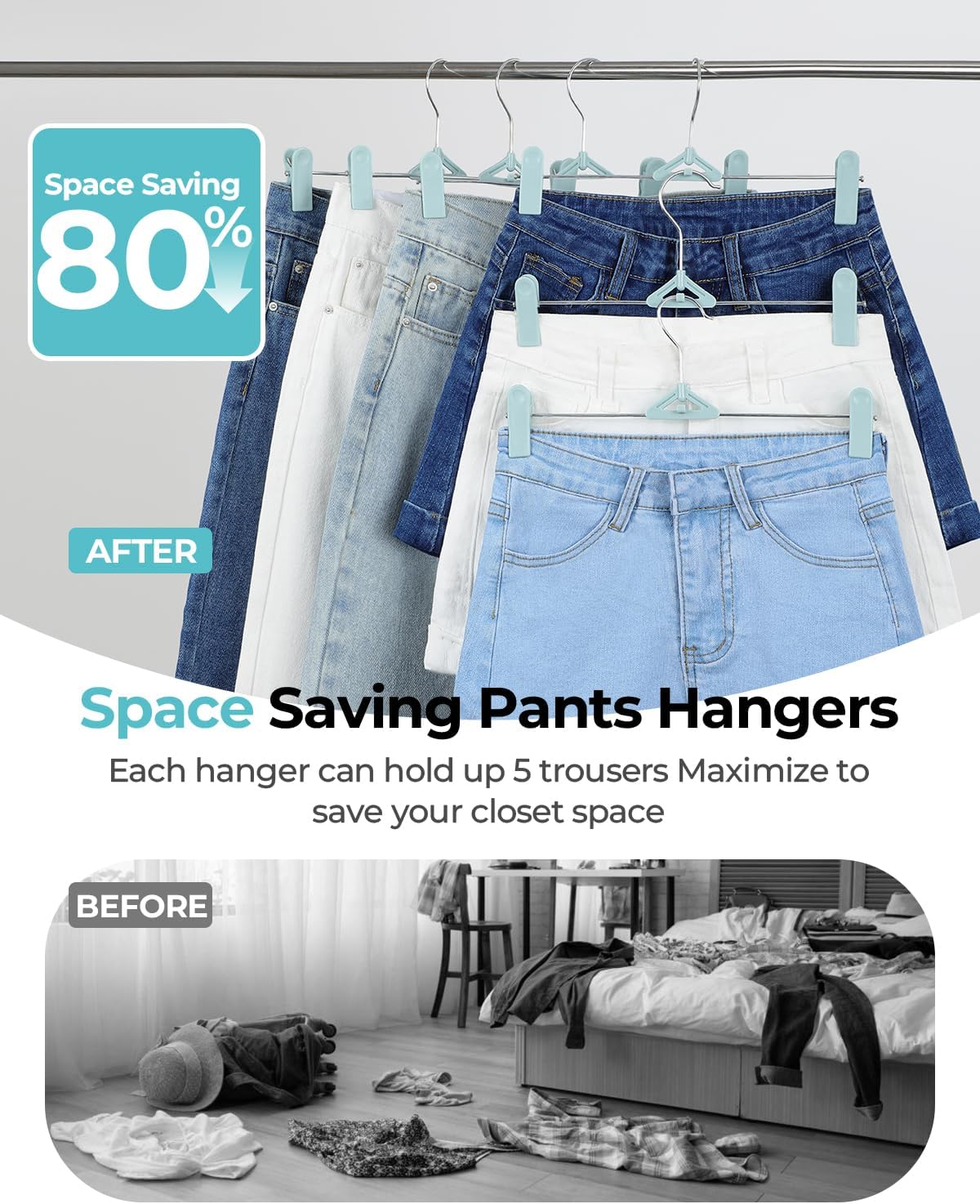 Skiennix Pants Hangers with Clips - 30 Pack Stackable Space-Saving Closet Organizer | Adjustable Non-Slip Clips, 360° Swivel Hook, Blue