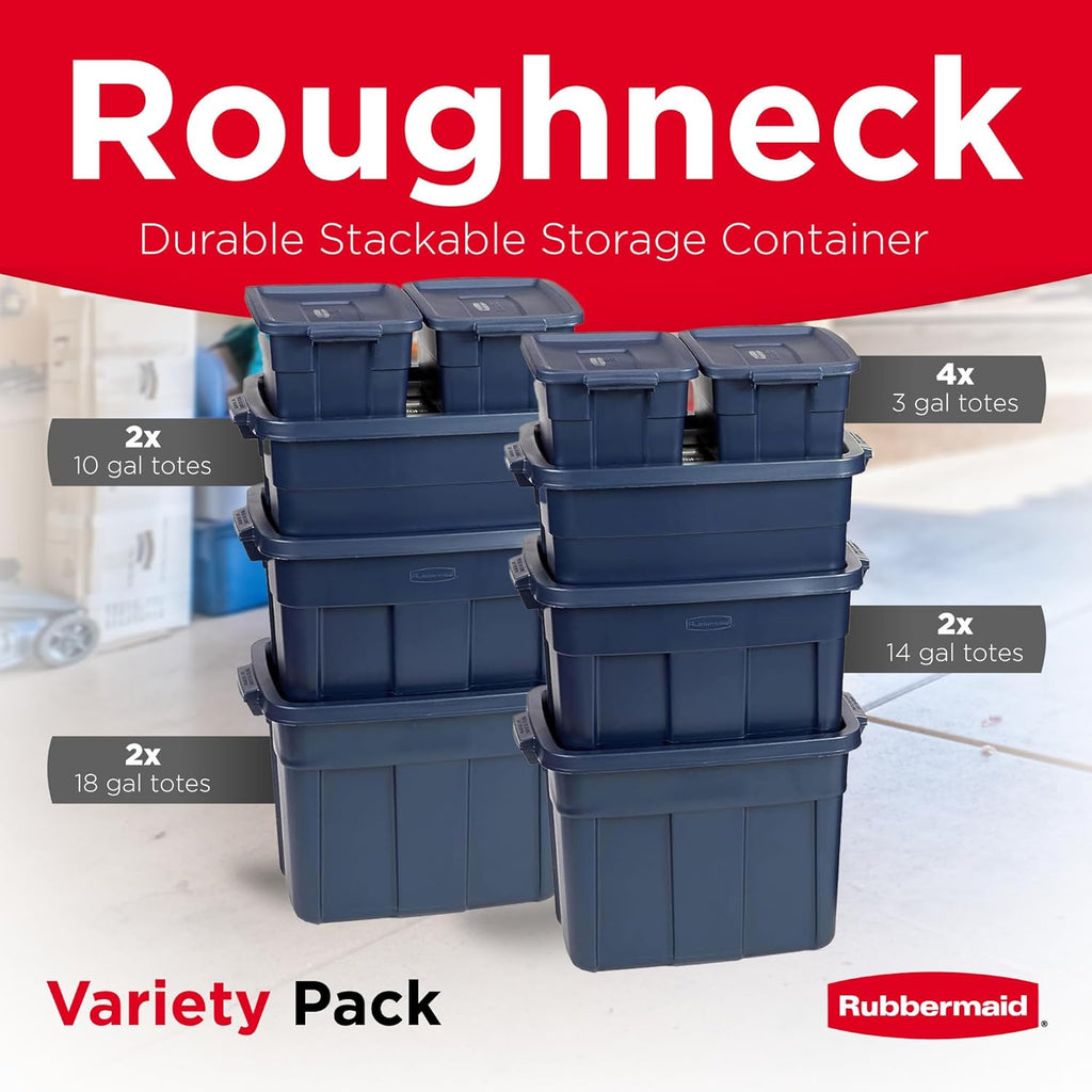 Rubbermaid Roughneck Tote - Durable Dark Indigo Metallic Storage Bins with Lids & Handles (Pack of 10)