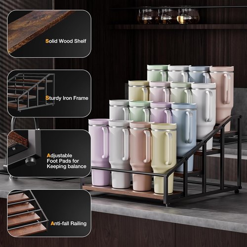 MOJOHAND 4-Tier Stanley Tumbler Organizer - Holds 16 Tumblers & Water Bottles | Versatile Pantry & Kitchen Storage