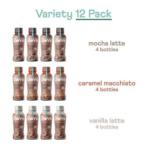 OWYN Only What You Need Double Shot Mocha Latte, Vanilla Latte and Caramel Macchiato Flavored Protein Shake, 20g Protein, 0g Sugar, 3g Fiber, 180mg Caffeine, Dairy Free, Plant Based Protein, 12 CT