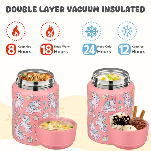 Aimsnk 17oz Soup Thermo for Hot Food Kids Insulated Food Jar,Thermo Hot Food Lunch Container, Width Mouth Stainless Steel Lunch Box for Kids with Handle Folding Spoon (Pink-Unicorn)