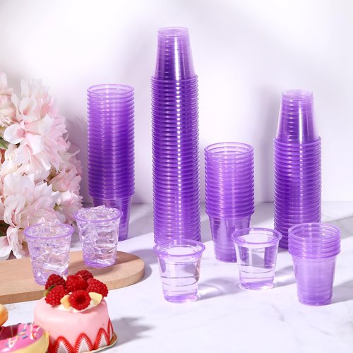 LemonRoad 120 Pack 2 oz Plastic Shot Glasses Easter Disposable Mini Drinking Cups Bulk for Wedding Parties Picnics Cocktails Events Celebrations Favors(Purple)