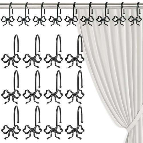 12 Pack Elegant Bow Shower Curtain Hooks, Black Metal Rustproof Decorative Shower Curtain Hooks, Shower Curtain Hangers for Bathroom Art Decor