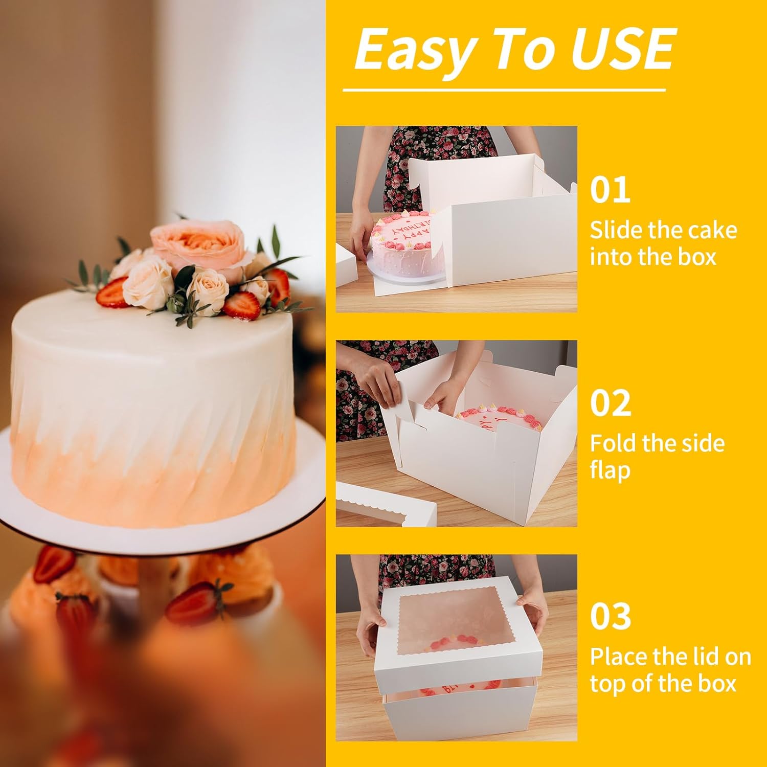 WINKIO 12-Inch Cake Boxes - Disposable Cake Transport Containers with Large Window | 4-Pack White Holders