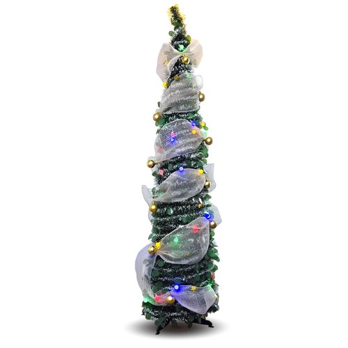 5FT Pop-Up Christmas Tree with 10-inch X 1.6 Feet Metallic Mesh Ribbon, Multi-Color 50 LED String Lights，10 Decorative Balls for DIY, Ideal for Indoor/Outdoor Christmas Decoration