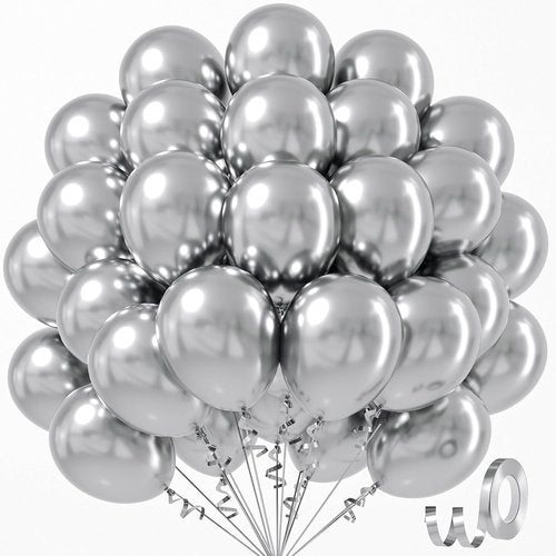 Awenztech Metallic Silver Balloons - 12 Inch Chrome Latex Balloons | 50 Pack for Parties & Celebrations