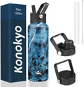 Skiennix 40oz Insulated Water Bottle - Stainless Steel Sport Bottle with 3 Lids | Marble Ocean Design