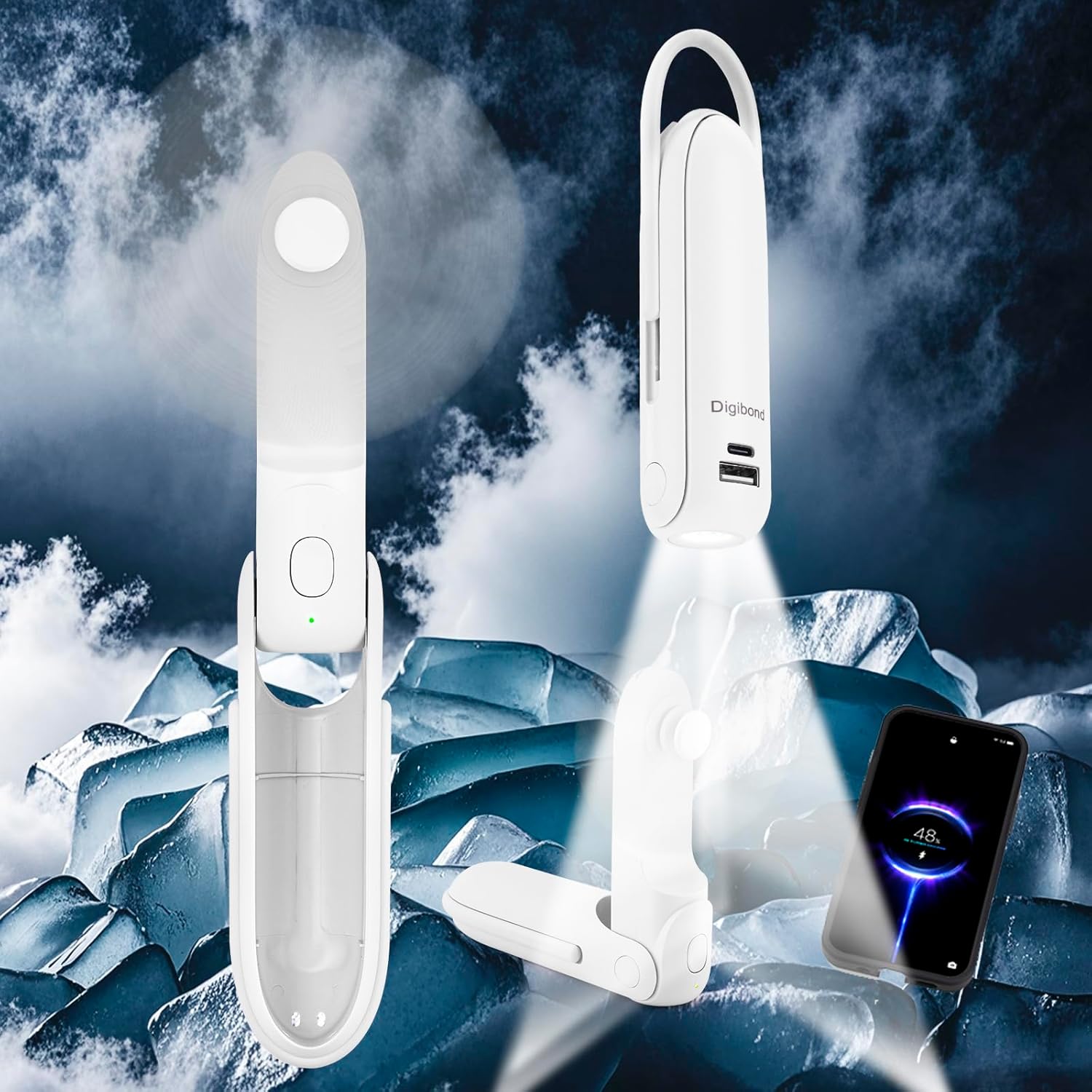 Skiennix Portable Handheld Fan - 6-in-1 Rechargeable Mini Fan with Flashlight & 3 Speeds (White)