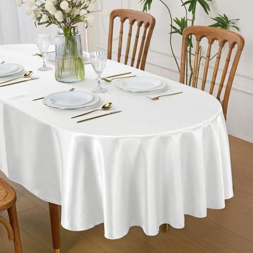 Cobedzy White Satin Oval Tablecloth 60 x 84 Inch for 6-8 Seats, Washable & Wrinkle Resistant Stain Resistant Fabric Table Cover for Wedding, Banquet, Party, Dining, Kitchen, Indoor Outdoor Use
