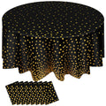 Newwiee 8 Pcs Round Dot Tablecloth 84 Inch Plastic Polka Dot Table Cover Disposable Confetti Tablecloths for Grad Wedding Bridal Shower Birthday Spring Graduate Party Decor (Black,Gold)
