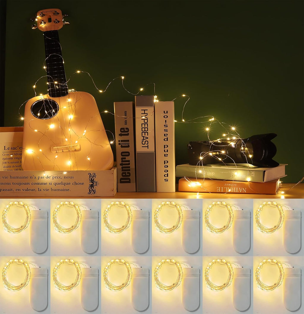 Skiennix Fairy Lights - 12 Pack Battery Operated | 20 LED Warm White Copper Wire, Waterproof, 7 ft