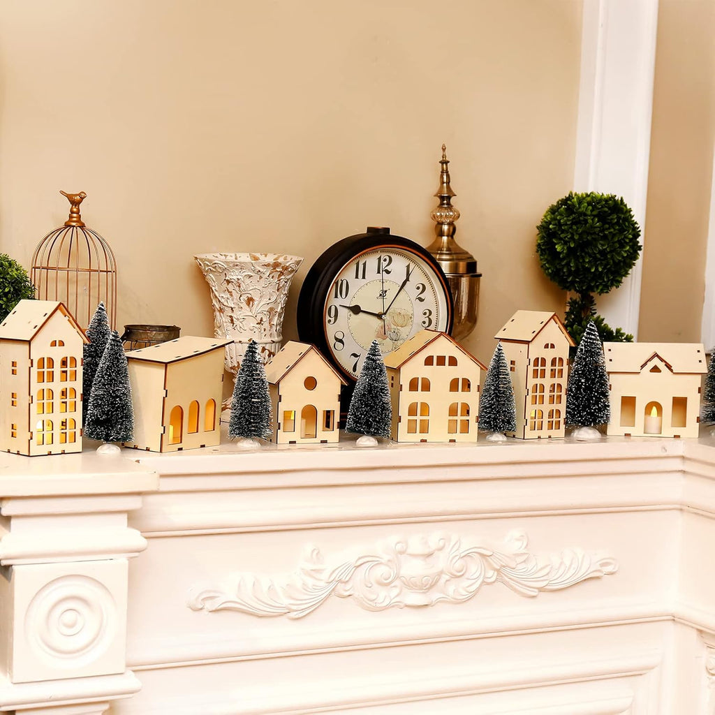 Skiennix Christmas Village Set - 12 Unassembled Houses with 6 LED Candle Lights | Festive Holiday Decor