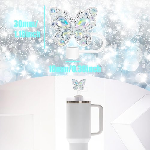 6Pcs Shiny Straw Toppers, Colorful Diamond Butterfly Straw Covers Cap Compatible with Stanley Cups 30&40 Oz Tumbler with Handle, 10mm/4inches Reusable Silicone Bling Stanley Cup Accessories