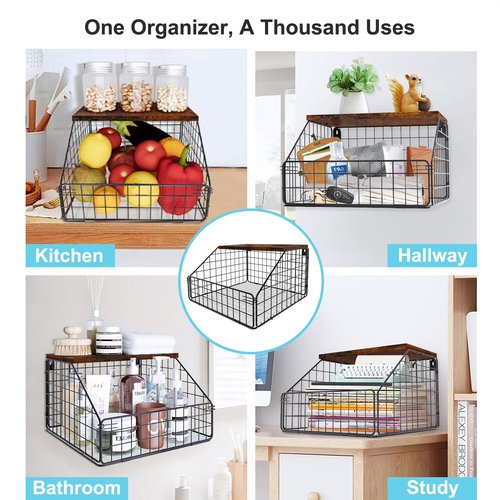 MSJGA Laundry Room Shelves Wall Mounted with Storage Basket - Farmhouse Stackable Wire Wall Shelves Organizer for Towels, Detergent, Tissues | Space-Saving Over Washer & Dryer(11.8" Wx12 Dx8.5 H)