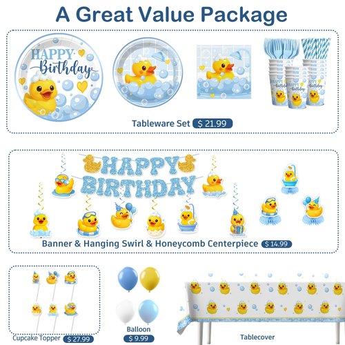 Xynic 210 Pcs Duck Birthday Decorations, Tableware Set with Plates, Duck Cupcake toppers, Napkins, Serves 25, 3 Birthday Candles, 2 Tablecloths, Banner, Balloons, Cups, for Duck Party Decorations