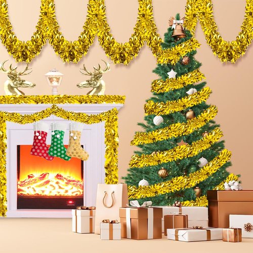 33Ft Christmas Tinsel Garland Shiny Thick Gold Tinsel Decor Xmas Tree Decorations Metallic Twist Foil Garland for Christmas Birthday Holiday New Year Parties Indoor Outdoor Party Supplies - Gold