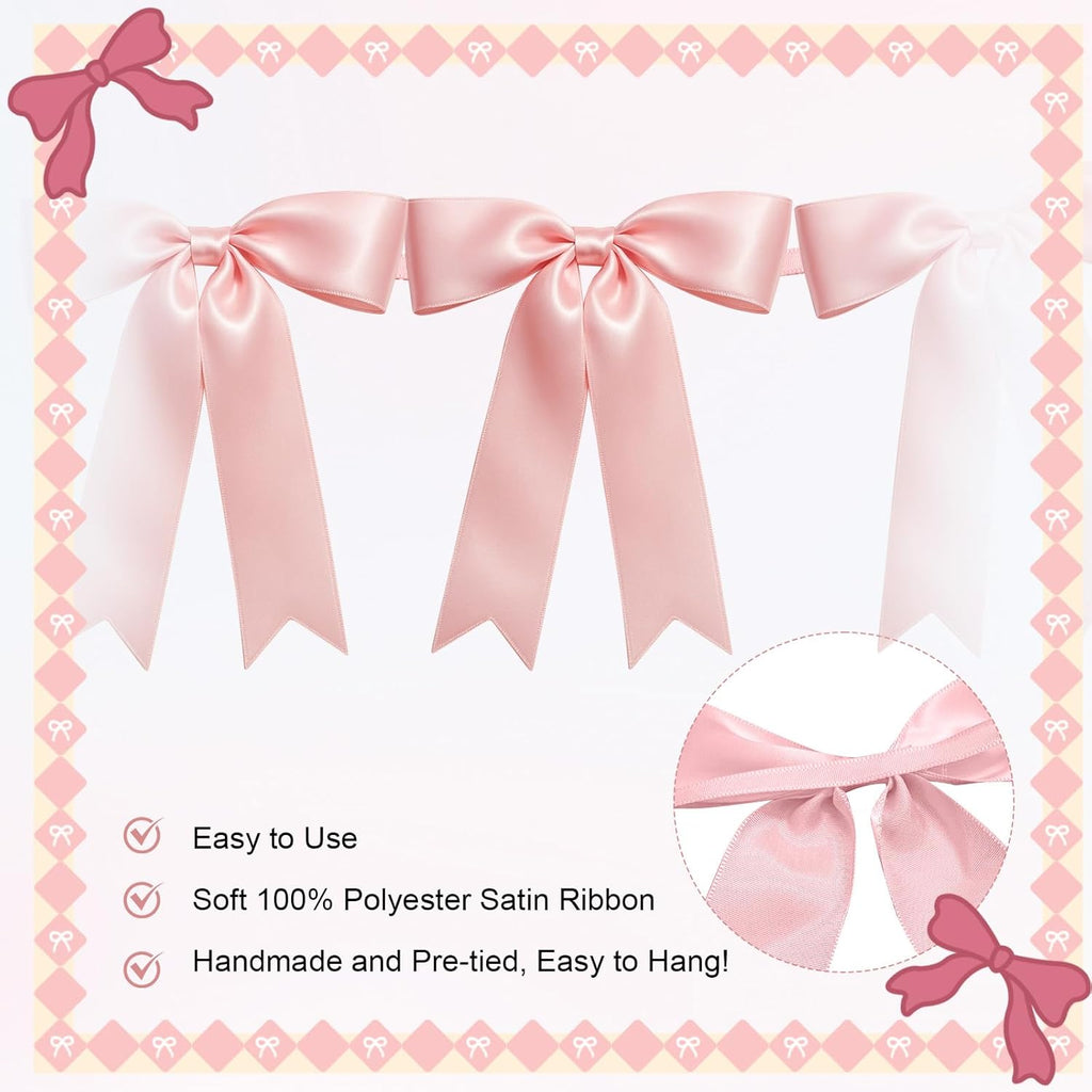 Skiennix 16PCS Pink Bow Garlands - Pre-Strung Satin Ribbon Ornaments for Celebrations & Events