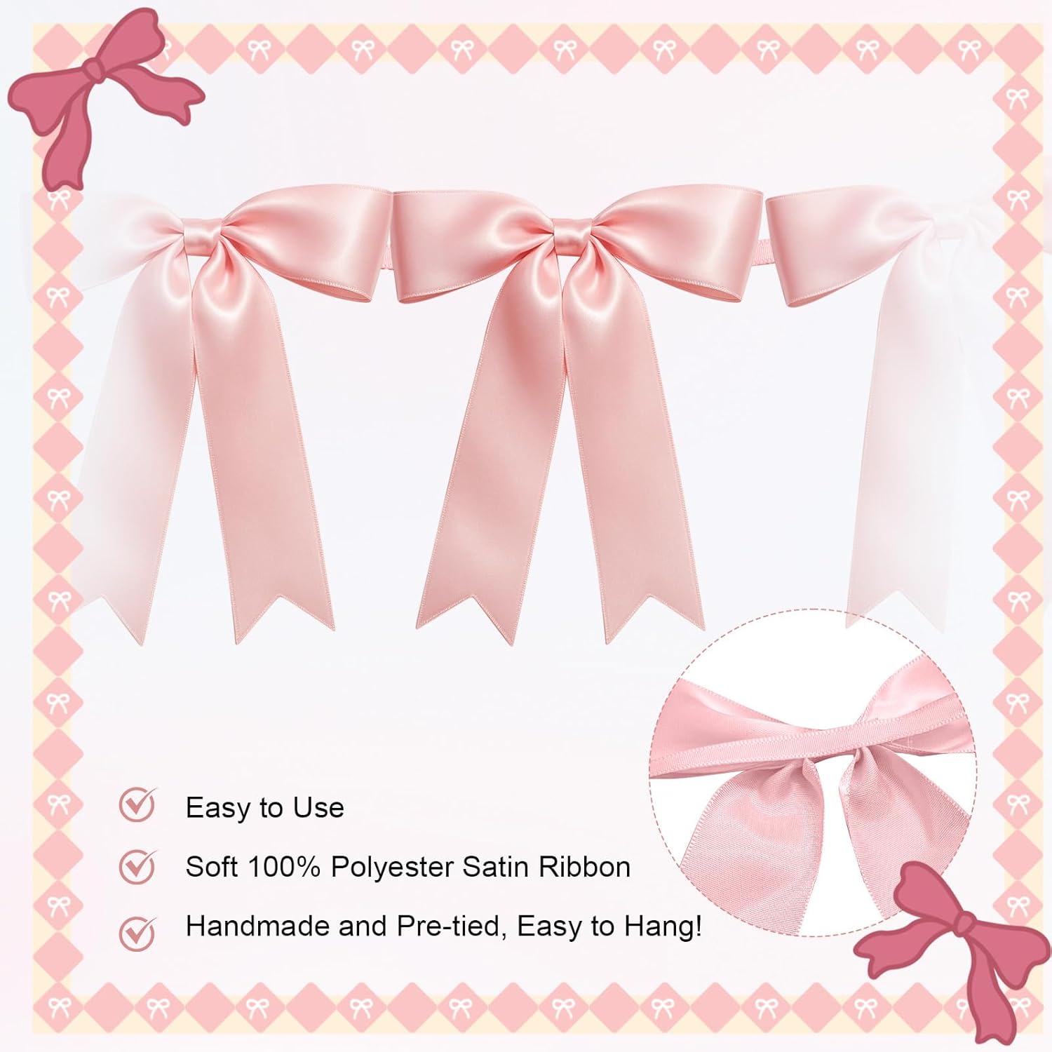 Skiennix 16PCS Pink Bow Garlands - Pre-Strung Satin Ribbon Ornaments for Celebrations & Events