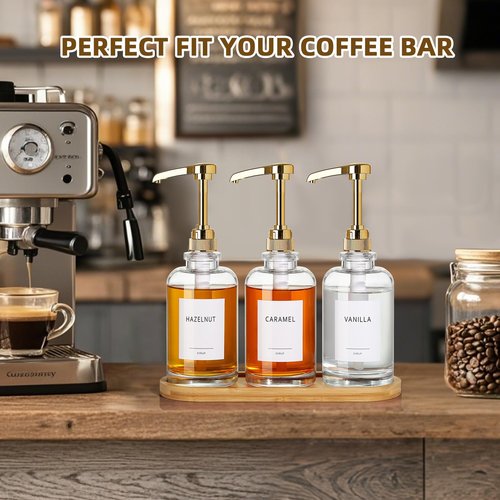 ALPIRIRAL Coffee Syrup Dispenser, Glass Syrup Pump Dispenser for Coffee Bar Accessories, Maple Syrup Bottles with Tray, 16.9 fl oz Simple Syrup Bottles with 1/4oz Large Capacity Gold Pump