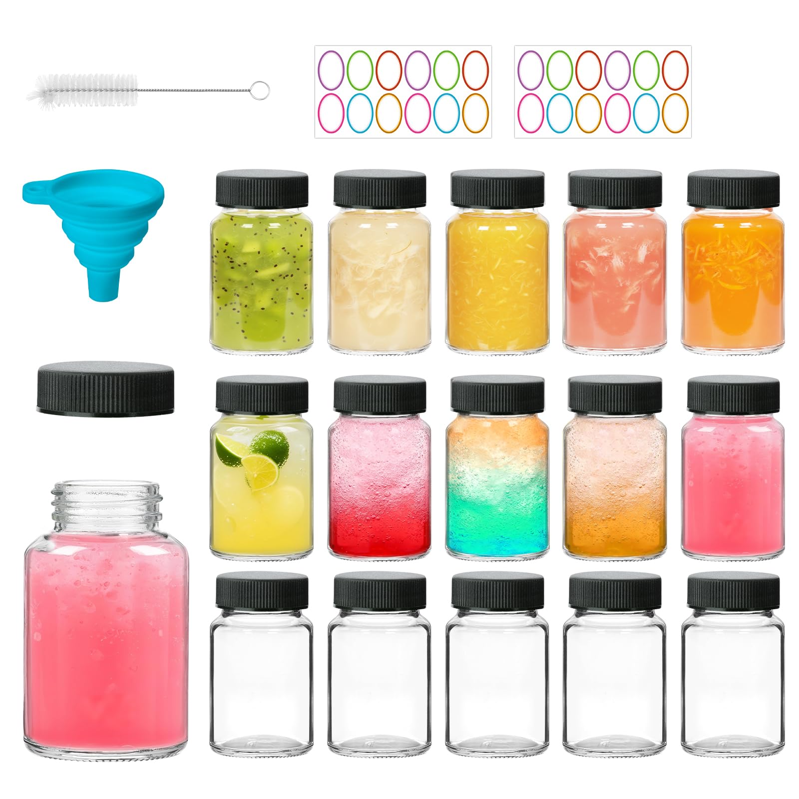 CAKKVDE 16 Pack 2 oz Glass Ginger Shots Bottles with Black Caps,Leakproof 2 oz Juice Glass Bottles with Lids for Wellness Shot,Ginger,Beverages