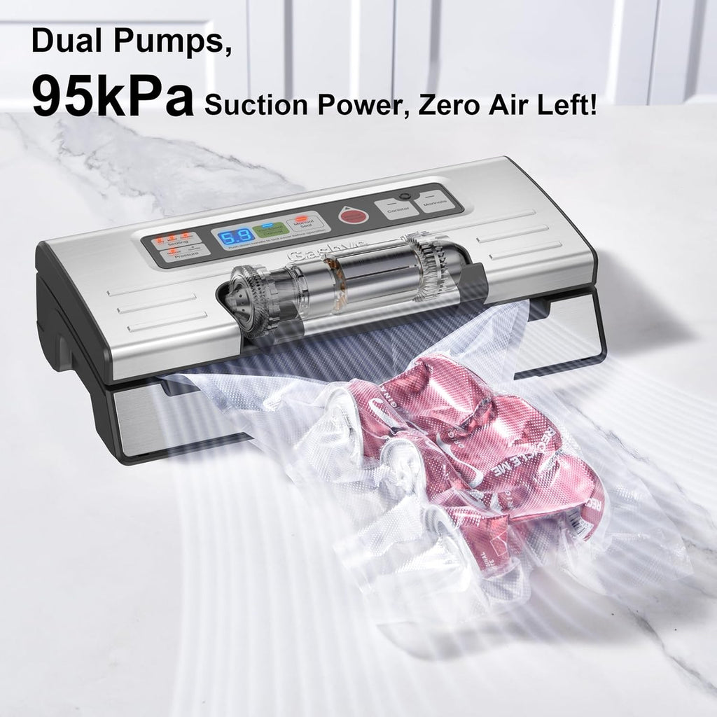Vacuum Sealer Machine - 95kPa Precision with Double Heat Seal for Dry/Moist Food | Easy-Lock Handle & Built-in Storage - Silver