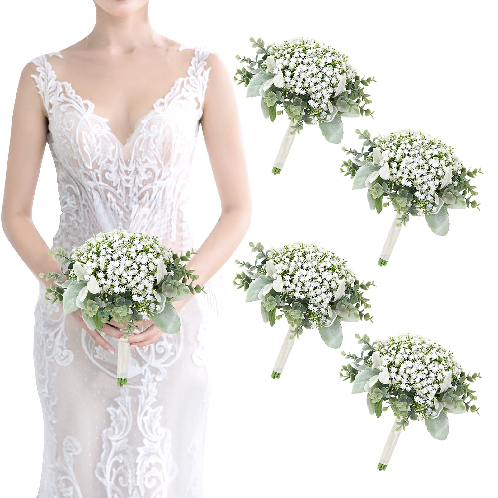 SEMONONIA Artificial Babys Breath Bridesmaids Bouquets Set of 4-7 Inch White Fake Gypsophila Bouquet for Bridesmaid, Real Touch Small Bouquet for Bridesmaids Wedding Bridal Shower Centerpieces