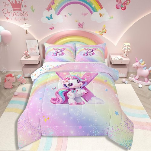 Rainbow Unicorn Comforter Set Twin,Purple Unicorn Kids Bedding Sets for Girls Alphabet Monogram X Bedding for Teens Children Adults Bedroom Decor All Season,Lovely Gradient Glitter Bed Duvet,Pink