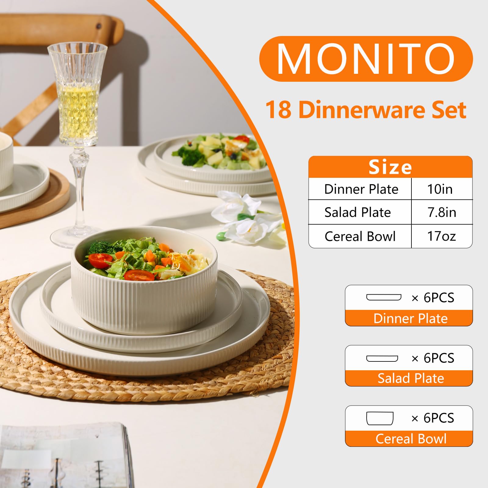 MONITO Ceramic Plates and Bowls Sets for 4, 12PCS Stoneware Dinnerware Sets, Reactive Glaze Dish Set, Chip and Scratch Resistant Double, Microwave and Dishwasher Safe,White