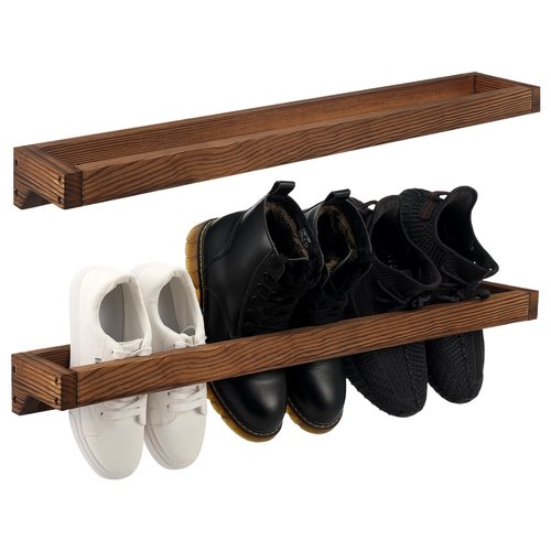 Wenqik 2 Pcs Wall Mounted Shoe Rack 30 Inch Rustic Wood Wall Hanging Shoe Rack Space Saving Footwear Holder Shoe Storage Organizer for Mudroom, Entryway, Closet (Burnt Wood)