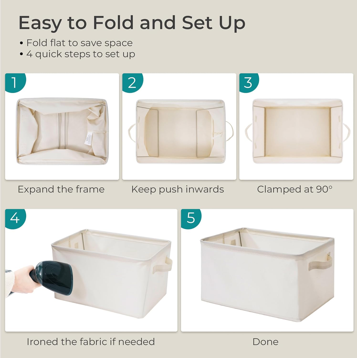 Storage Basket Bins - Large Collapsible Fabric Organizers with Metal Frame | 3-Pack Beige for Home & Office