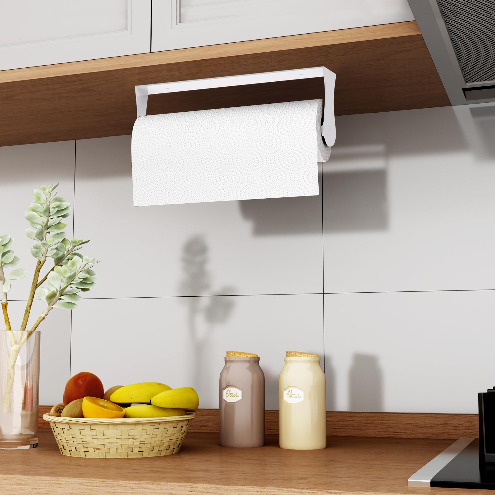 Paper Towel Holder Under Cabinet, White Kitchen Accessories Decor, Wall Mount, White Paper Towel Holder for Bathroom, Stainless Steel, Adhesive or Screws