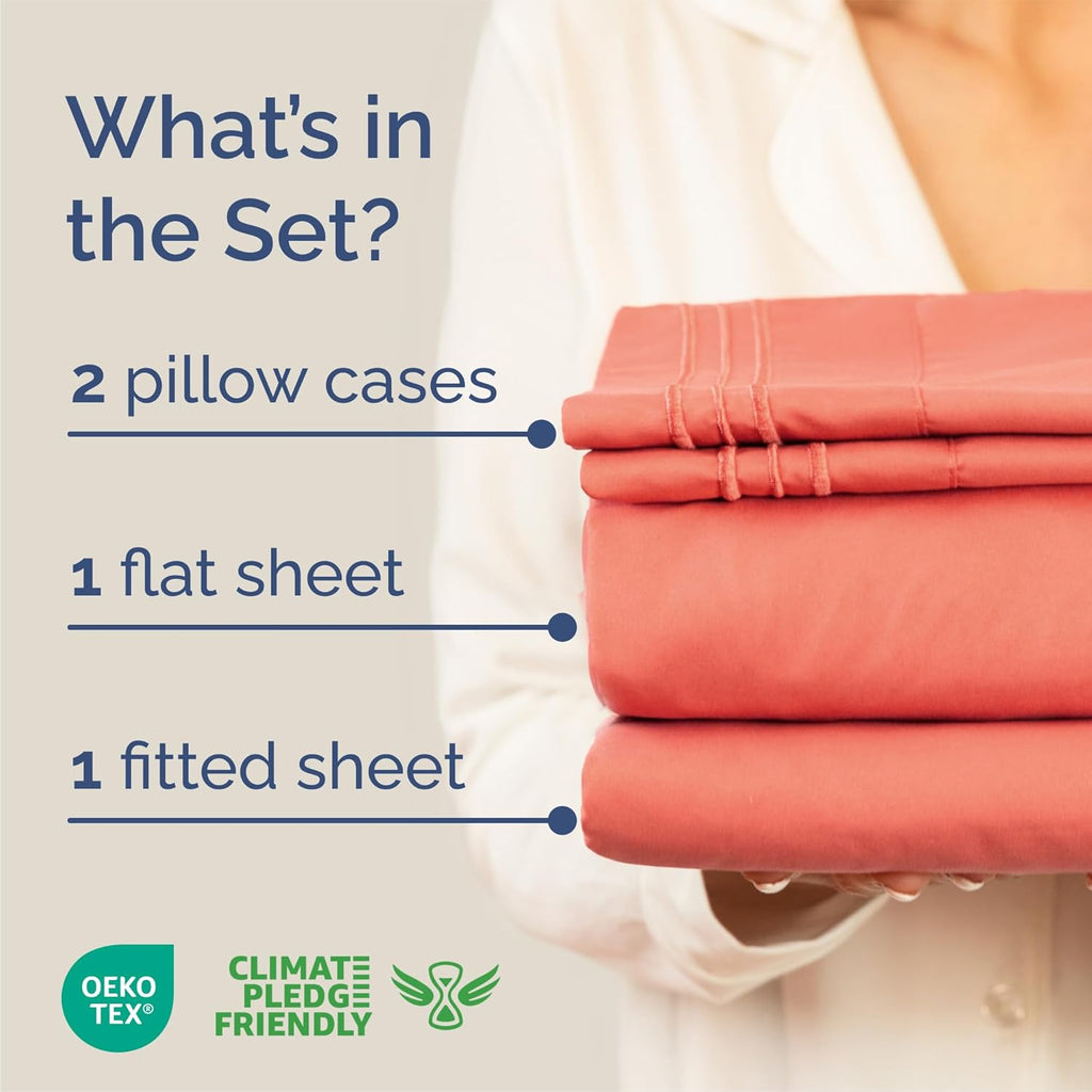 Queen Size 4 Piece Sheet Set - Ultra-Soft Cooling Bed Sheets for Luxurious Comfort - Deep Pockets, Wrinkle-Free - Oeko-Tex Certified - Coral