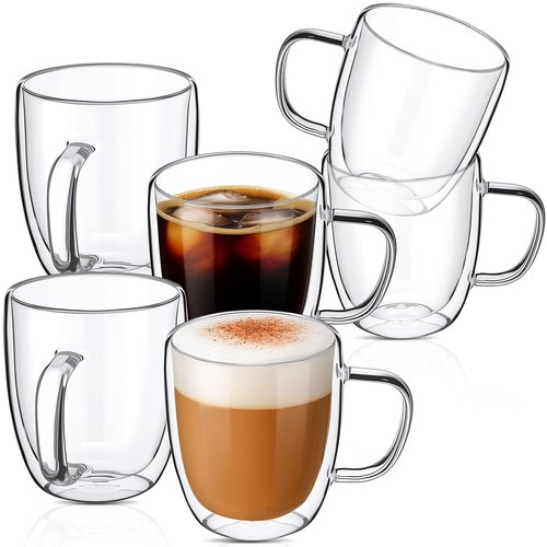 Patelai Pcs 16oz Clear Glass Coffee Mugs Double Walled Coffee Cups Glasses Insulated Latte Mugs with Handle Espresso Clear Cups for Cappuccino Tea, Heat Resistant Borosilicate Glasses for Home Bar