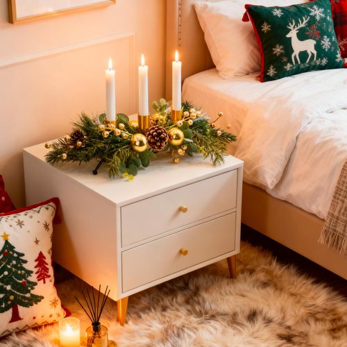 MrMrKura Christmas Tabletop Centerpiece - 3 Candle Holders with Pine Cones & Red Berries | Gold Decor