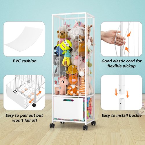 Bukfen Metal Stuffed Animal Storage Zoo Organizer, Extra Large Plush Toy Holder with Adjustable Elastic Cords & 4 Wheels, Vertical Space-Saving for Kids Nursery Playroom Bedroom, White