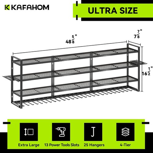 KAFAHOM Power Tool Organizer - Large Wall-Mount Rack with 13 Drill Holders & 4 Layers | Ideal Gift for Men