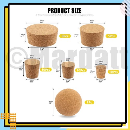 41 Pcs 6 Sizes Wooden Tapered Cork Plugs Assorted Set Natural Soft Wine Bottle Corks for Wine Beer Glass Bottle and DIY Craft Project