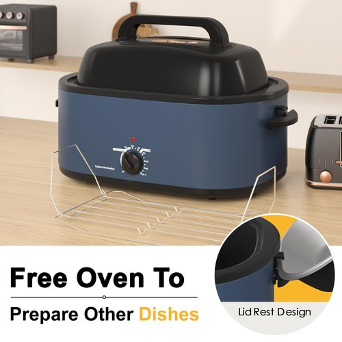 Sunvivi Roaster Oven, Electric Roaster Oven with Viewing Lid, 28lb 24-Quart Turkey Roaster with Unique Defrost/Warm Function, Large Roaster with Removable Pan & Rack, Stainless Steel, Blue