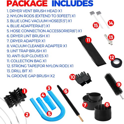 Holikme Dryer Vent Cleaner Kit - 30ft Cleaning Brush & Lint Vacuum Attachment | Blue
