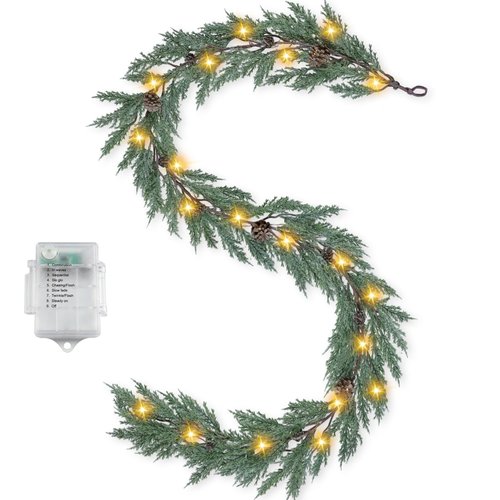 Artgar Christmas Cedar Garland, 6 Ft Realistic Pine Garland, Prelit Christmas Garland with 30 Warm Lights with 8 Light Modes for Mantels Stair Table Indoor Outdoor Winter Xmas Decor (White-Green)