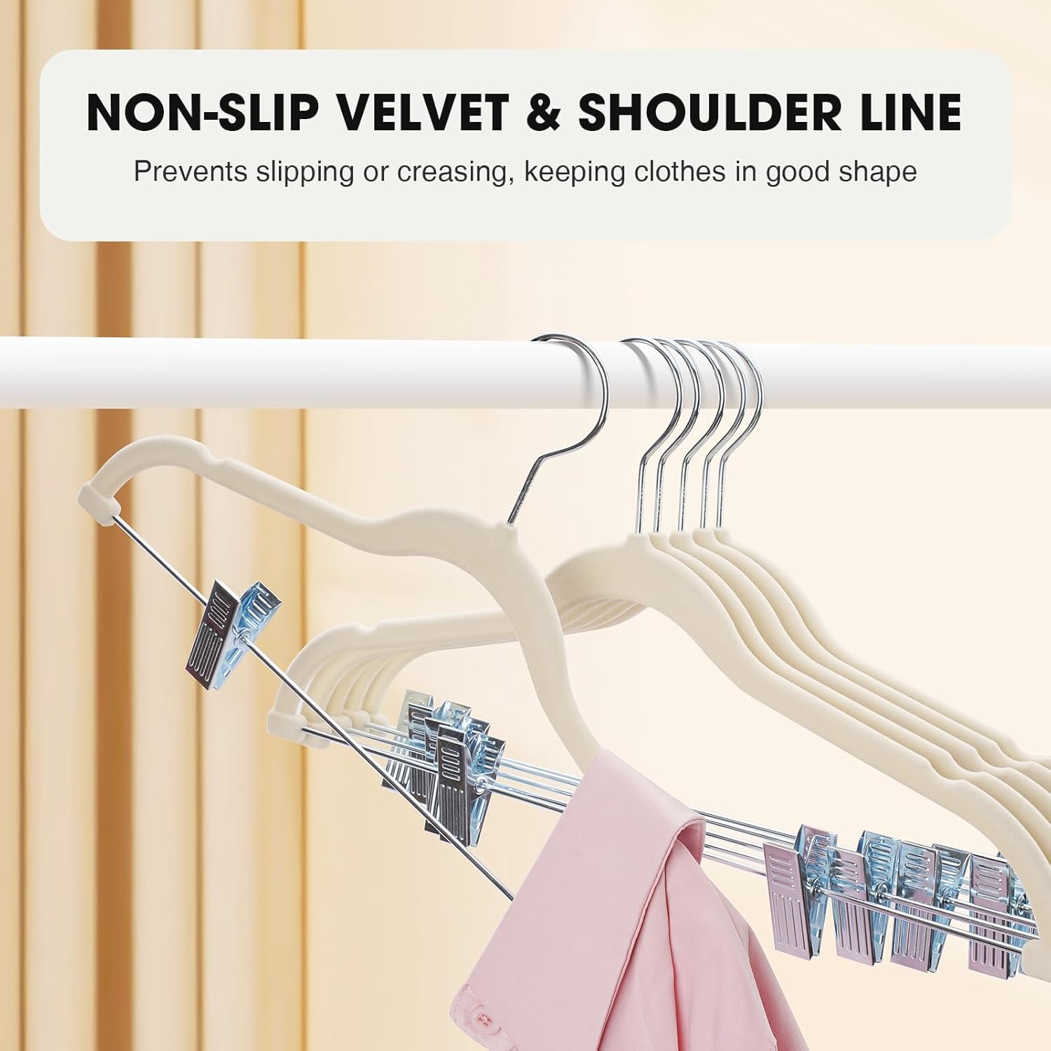 Skiennix 24-Pack Velvet Hangers - Adjustable Non-Slip Clips for Space-Saving Storage | Beige