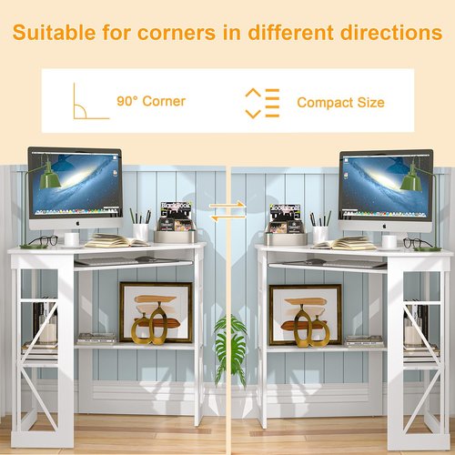 VECELO Corner Computer Desk 41x30 inches with Charging Station & Keyboard & Storage Shelves for Small Space,Triangle Table for Home Office Bedroom,White