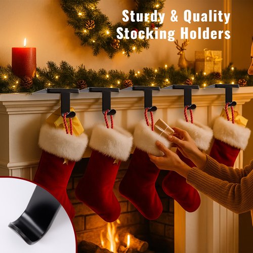 Btanadi Stocking Holders for Mantle Set of 6, Metal Christmas Stocking Holder, Heavy Duty Stocking Hangers with Non-Slip Protective Pad, Mantle Garland Hanger for | TV Stand | Staircase | Dresser