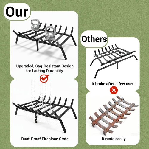 AXYCXIN 24 Inch Fireplace Grate, 1/2" Solid Steel Fireplace Log Holder, Heavy Duty Firewood Log Burning Rack with 7 Support Bars & 6 Support Legs for Indoor Outdoor Camping