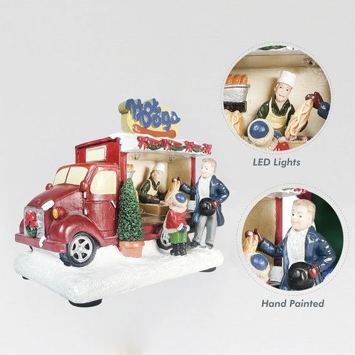 Moments In Time Hot Dog Food Truck | LED Lighted Christmas Village Decor - 3.74” Handcrafted Polyresin