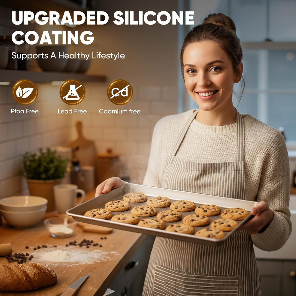 Sakerplus Nonstick Baking Sheet Pan Set - Heavy Duty Cookie Sheets | Rust-Resistant, Easy Clean, 3 Sizes in Champagne Gold