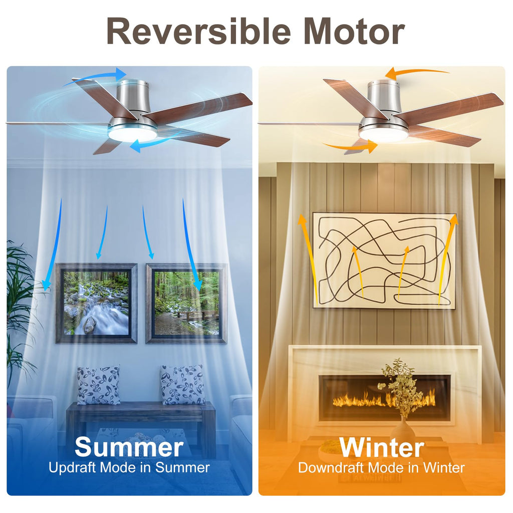 Realmate 52 Inch Ceiling Fans with Lights and Remote,Nickel Flush Mount Ceiling Fan,Quiet 6 Speed Reversible DC Motor,3CCT Dimmable LED,3 Timers-Low Profile Design for Bedroom Kids Room Living Room