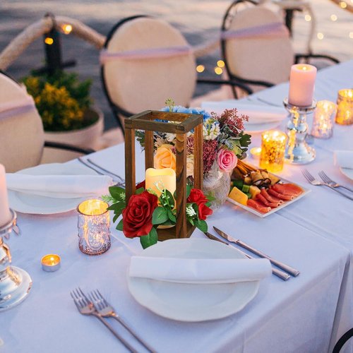 Hushee 30 Pcs Rustic Wooden Lantern Centerpieces - Integrated Candle Holders for Weddings & Home Decor | Brown & Red