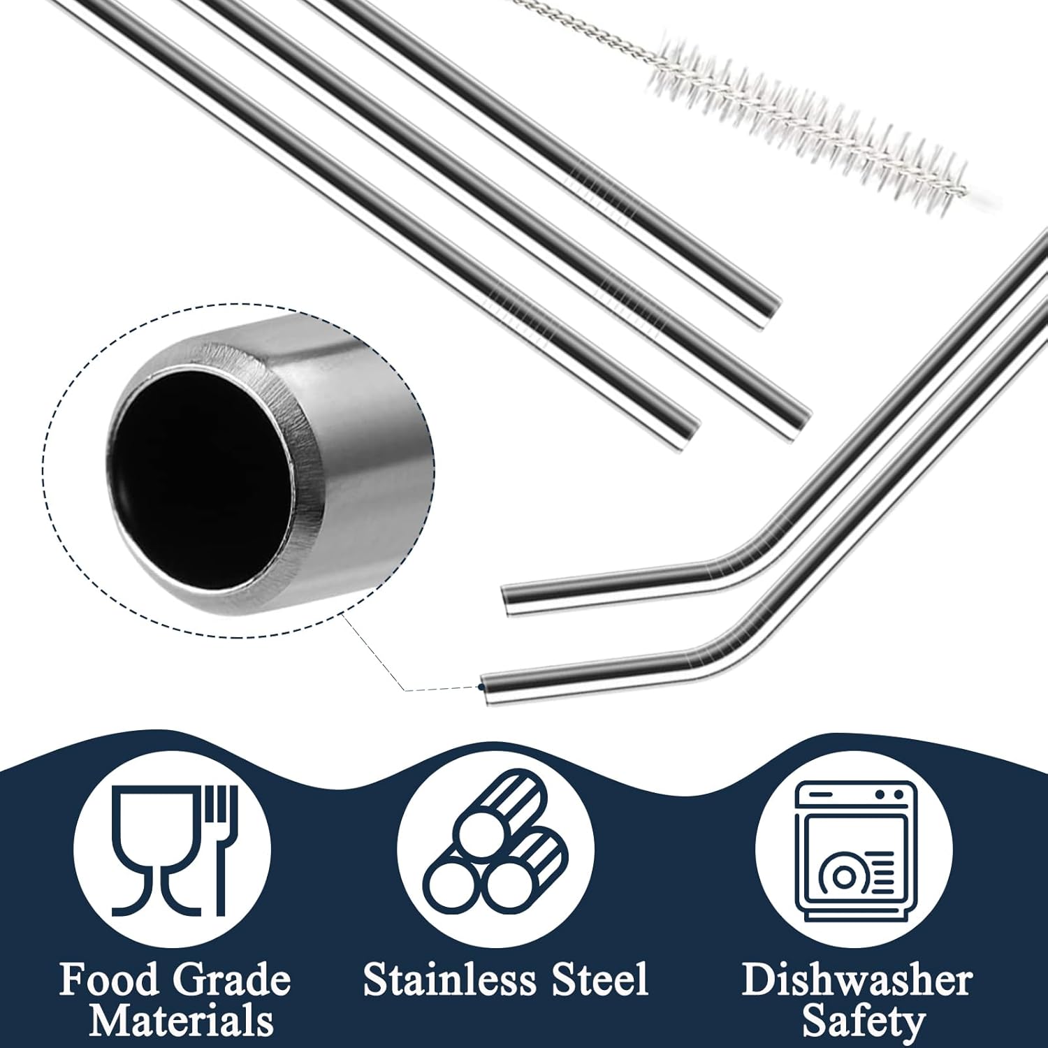 Skiennix Stainless Steel Straws - 6 Pack Reusable Straws with Cleaning Brushes for Stanley Tumblers