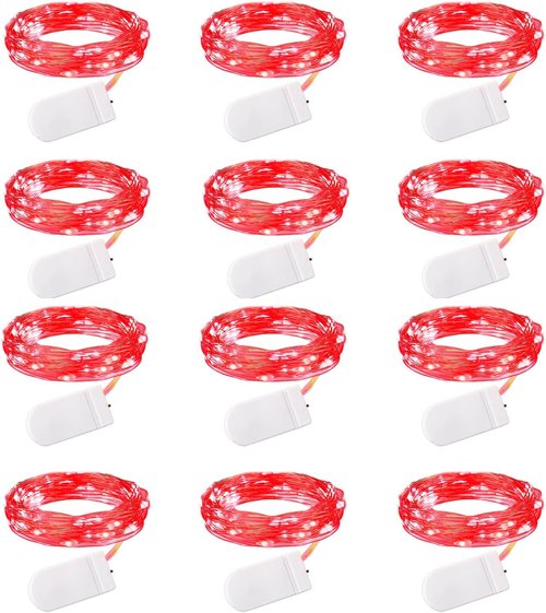 Brightown LED Fairy Lights - Waterproof Red 12 Pack | 7 Feet, 20 LEDs, Battery Operated, Flexible Wire